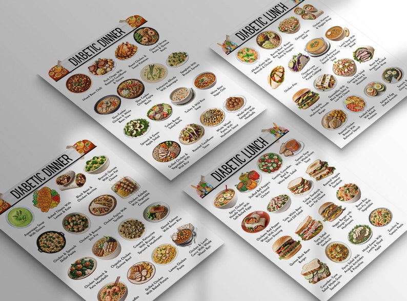 May include: Four white sheets of paper with the title "Diabetic Dinner" and "Diabetic Lunch" printed on them. Each sheet has a grid of images of different food dishes, such as chicken, fish, and vegetables.