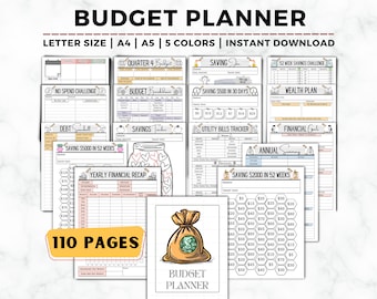 May include: A printable budget planner with 110 pages. The planner includes sections for saving, spending, debt, and financial goals. The cover features a cartoon money bag with a pound sign.