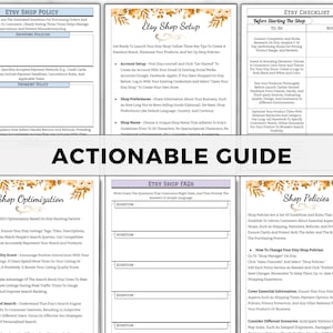 May include: A guide for Etsy sellers with actionable steps for setting up a shop, optimising listings, creating shop policies, and writing FAQs. The guide includes sections on shop setup, shop optimisation, shop policies, and Etsy shop FAQs. The guide is visually appealing with a floral design and a gold colour scheme.