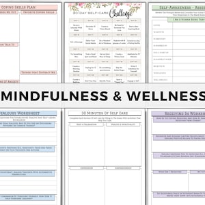 May include: A printable worksheet set for mindfulness and wellness. The worksheets include a 30-day self-care challenge, a jealousy worksheet, a 30-minute self-care plan, and a receiving in worksheet. The worksheets are designed to help you cope with stress, anxiety, and jealousy. The worksheets are in black and white with pink and blue accents.