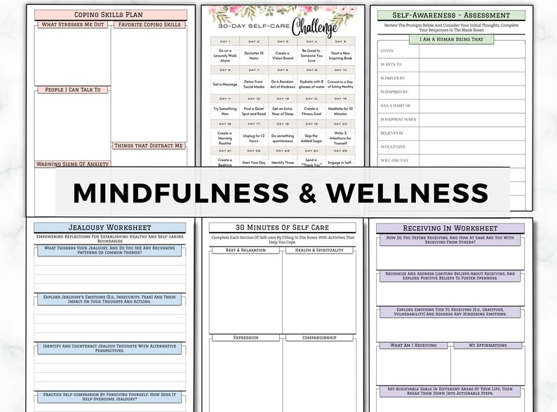 May include: A printable worksheet set for mindfulness and wellness. The worksheets include a 30-day self-care challenge, a jealousy worksheet, a 30-minute self-care plan, and a receiving in worksheet. The worksheets are designed to help you cope with stress, anxiety, and jealousy. The worksheets are in black and white with pink and blue accents.