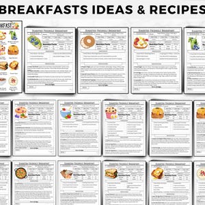 May include: A printable sheet with 12 different diabetic-friendly breakfast ideas. Each breakfast idea includes a photo of the food, a list of ingredients, and nutritional information. The sheet is titled "Breakfast Ideas & Recipes".