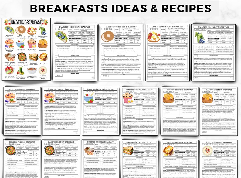 May include: A printable sheet with 12 different diabetic-friendly breakfast ideas. Each breakfast idea includes a photo of the food, a list of ingredients, and nutritional information. The sheet is titled "Breakfast Ideas & Recipes".