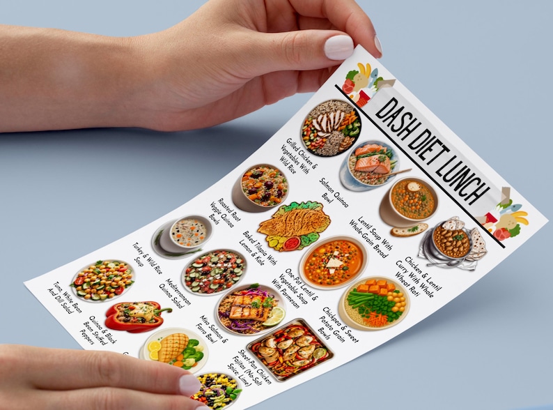Puede incluir: Un men&uacute; impreso titulado "DASH DIET LUNCH" con ilustraciones de varias opciones de comidas saludables. El men&uacute; incluye platos como pollo a la parrilla, taz&oacute;n de quinoa con salm&oacute;n, sopa de lentejas y curry de pollo. El men&uacute; es sostenido por una persona.