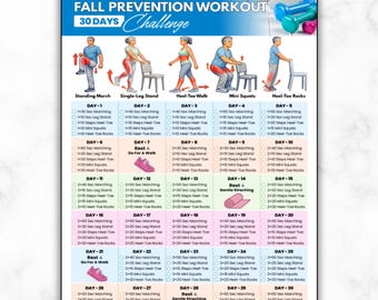 30 Day Fall Prevention Balance Workout Challenge, Seniors Chair & Standing Mobility Home Training Fitness Chart Elderly Physical Therapy PDF