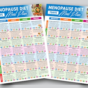May include: Two colorful printed meal plan sheets titled "Menopause Diet Meal Plan 7 Days". Each sheet has a detailed daily menu with breakfast, lunch, dinner, and snack options. The sheets are on a white background.
