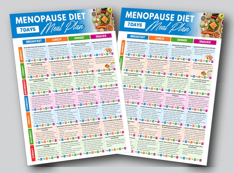 May include: Two colorful printed meal plan sheets titled "Menopause Diet Meal Plan 7 Days". Each sheet has a detailed daily menu with breakfast, lunch, dinner, and snack options. The sheets are on a white background.