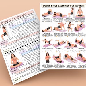 May include: Two exercise charts on a peach background. One chart is titled "Pelvic Floor Exercises" and the other is titled "Pelvic Floor Exercises For Women". The charts show illustrations of exercises.