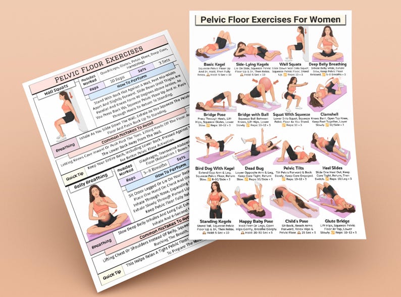 May include: Two exercise charts on a peach background. One chart is titled "Pelvic Floor Exercises" and the other is titled "Pelvic Floor Exercises For Women". The charts show illustrations of exercises.