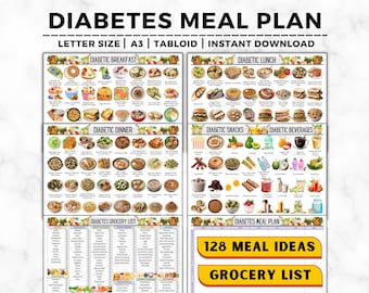 May include: A printable meal plan for people with diabetes. The meal plan includes 128 meal ideas and a grocery list. The meal plan is divided into sections for breakfast, lunch, dinner, snacks, and beverages. Each section includes a variety of food options, including fruits, vegetables, grains, and proteins. The meal plan is designed to help people with diabetes manage their blood sugar levels.