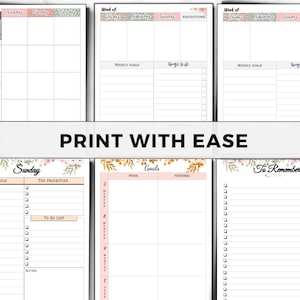 May include: Printable weekly planner pages with floral designs. The pages include sections for scheduling, goals, top priorities, and things to remember.