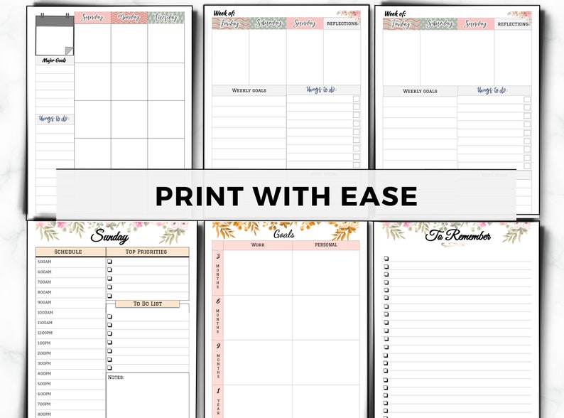 May include: Printable weekly planner pages with floral designs. The pages include sections for scheduling, goals, top priorities, and things to remember.