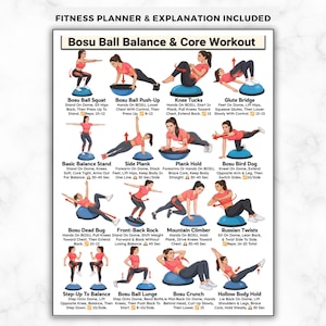 Póster de ejercicios con balón Bosu, equilibrio con medio balón, fortalecimiento del tronco y equilibrio, sentadillas y abdominales, entrenamiento de estabilidad para principiantes en el gimnasio en casa.