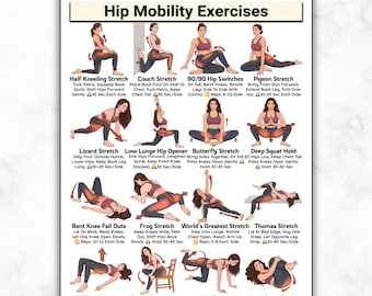 Hip Pain Relief Exercises For Women, Hip Mobility Chart, Hip Strength Printable, Hip Flexor Stretches, Tight Hip Flexibility, Hip Opening