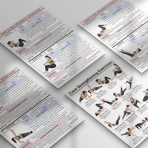Puede incluir: Cuatro gr&aacute;ficos de ejercicios blancos con ilustraciones de ejercicios de entrenamiento de abdominales y core. Cada gr&aacute;fico incluye nombres de ejercicios, series e instrucciones. Los gr&aacute;ficos se titulan "Core & Abs Workout Exercises" y "Core Strengthening Exercises".