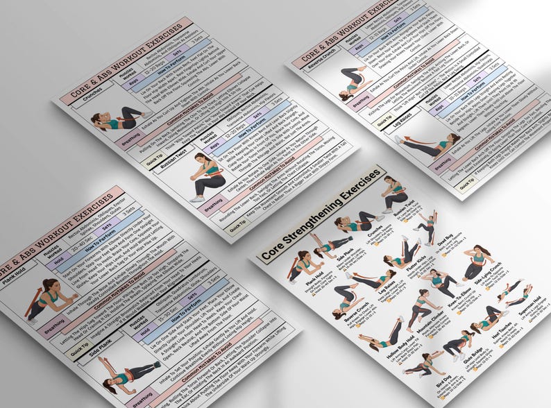 Puede incluir: Cuatro gr&aacute;ficos de ejercicios blancos con ilustraciones de ejercicios de entrenamiento de abdominales y core. Cada gr&aacute;fico incluye nombres de ejercicios, series e instrucciones. Los gr&aacute;ficos se titulan "Core & Abs Workout Exercises" y "Core Strengthening Exercises".