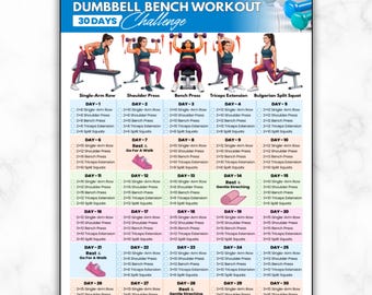 30 Day Dumbbell Bench Full Body Workout Challenge, Weight Lifting, Upper Lower Body Exercises Chest Back Arm Shoulder Leg, Strength Training