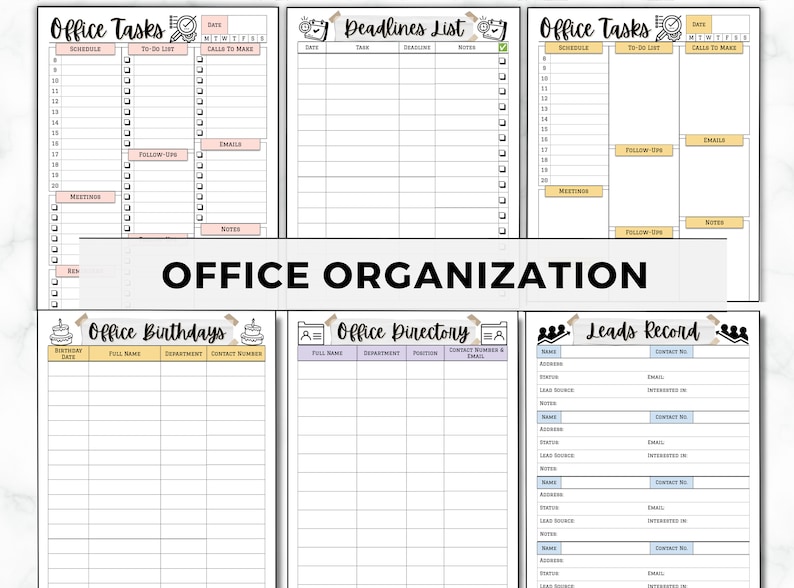 Peut inclure: Un ensemble de mod&egrave;les d'organisation de bureau imprimables. Les mod&egrave;les comprennent des sections pour les t&acirc;ches de bureau, les &eacute;ch&eacute;ances, les anniversaires, un r&eacute;pertoire et les prospects. Les mod&egrave;les sont con&ccedil;us avec une esth&eacute;tique simple et propre et pr&eacute;sentent une palette de couleurs jaune clair et bleu clair.
