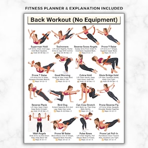 May include: A fitness planner with a back workout routine, featuring exercises like Superman Hold, Reverse Snow Angels, and Prone Y Raise. Each exercise includes a visual demonstration and instructions for reps and hold times. The text at the top says "Fitness Planner & Explanation Included".