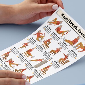 May include: A printed sheet titled "Knee Friendly Exercises" held by hands. The sheet displays illustrated exercises, including Heel Slides, Straight Leg Raises, and Glute Bridge. The illustrations show a person performing each exercise.