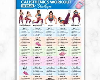 30 Day Calisthenics Challenge Workout Chart, Full Body Bodyweight Routine, Beginner At Home Fitness No Equipment Strength Training Exercises