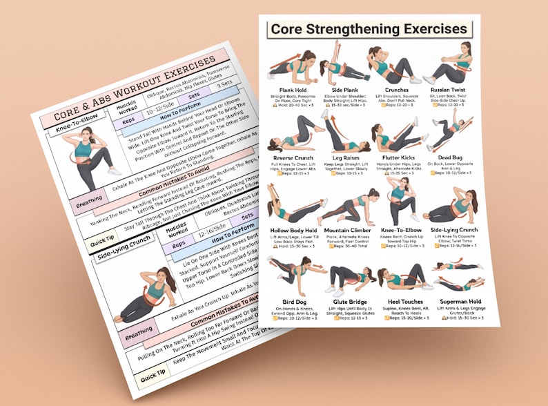 Puede incluir: Dos tablas de ejercicios con ilustraciones e instrucciones para entrenamientos de abdominales y core. Una tabla se centra en ejercicios como rodilla-codo y abdominales laterales. La otra detalla ejercicios de fortalecimiento del core como plancha y giro ruso.