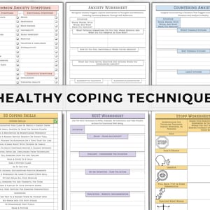 May include: A printable worksheet with tips for managing anxiety. The worksheet includes sections for identifying common anxiety symptoms, coping skills, and relaxation techniques. The title of the worksheet is "Healthy Coping Techniques".