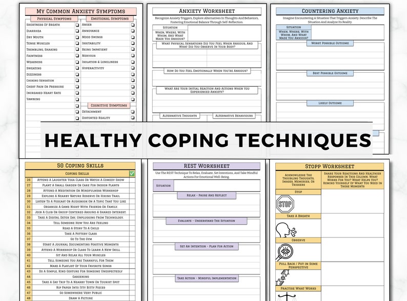 May include: A printable worksheet with tips for managing anxiety. The worksheet includes sections for identifying common anxiety symptoms, coping skills, and relaxation techniques. The title of the worksheet is "Healthy Coping Techniques".