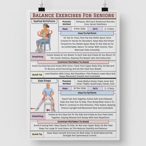 May include: A poster titled "Balance Exercises for Seniors" features illustrations and instructions for seated rotations and side steps. The poster includes details on muscles worked, reps, sets, and how to perform each exercise.