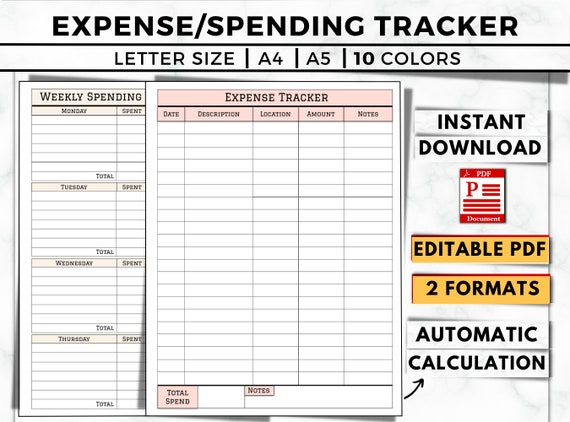 Editable Expense Tracker Printable, Auto-Calculations (PDF)