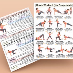 May include: Two exercise charts with illustrations and instructions for full body bodyweight exercises and home workouts. The charts include exercises like squats, planks, and lunges, with details on reps and sets.
