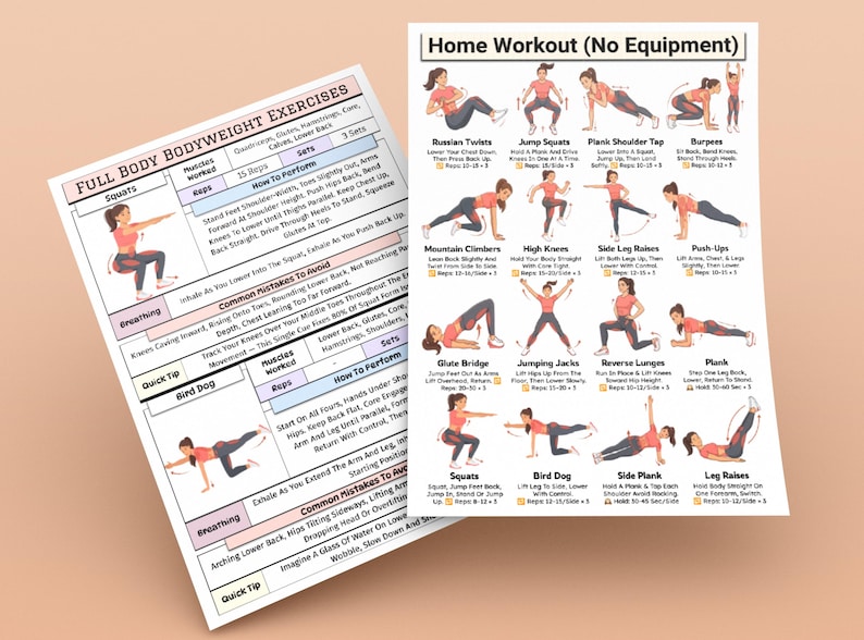 May include: Two exercise charts with illustrations and instructions for full body bodyweight exercises and home workouts. The charts include exercises like squats, planks, and lunges, with details on reps and sets.