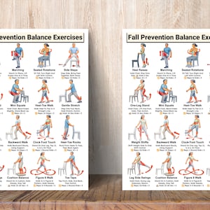 May include: Two posters with the title "Fall Prevention Balance Exercises" on a wooden surface. Each poster displays illustrated exercises, including heel raises, marching, and seated rotations. The posters are designed to guide users through various balance-improving activities.