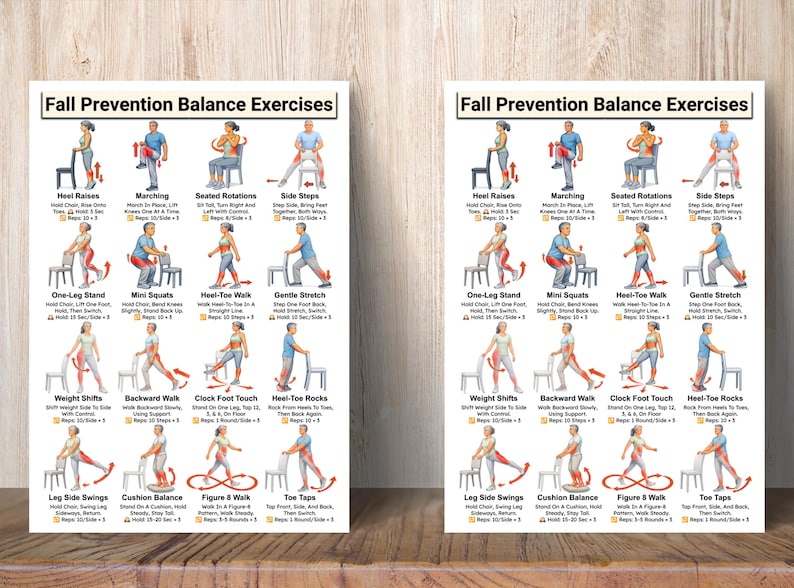 May include: Two posters with the title "Fall Prevention Balance Exercises" on a wooden surface. Each poster displays illustrated exercises, including heel raises, marching, and seated rotations. The posters are designed to guide users through various balance-improving activities.