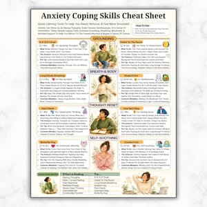 May include: An Anxiety Coping Skills Cheat Sheet with a white background, featuring sections titled Grounding, Breath & Body, Thought Reset, and Self-Soothing. It includes illustrations of people, instructional text, and a quick-pick matrix table.
