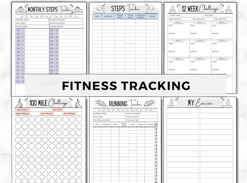 May include: A set of printable fitness trackers with a black and white design. The trackers include a monthly steps tracker, a steps tracker, a 12-week challenge, a 100-mile challenge, a running tracker, and a my exercises tracker.