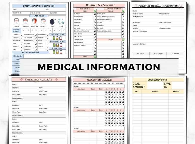 May include: A printable medical information tracker with sections for daily headache tracking, hospital bag checklist, personal medical information, emergency contacts, medication tracker, and emergency fund. The tracker is designed with a pink and white color scheme.