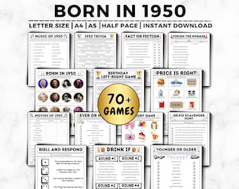 Puede incluir: Un conjunto de juegos de fiesta imprimibles con el tema "Nacido en 1950". Los juegos incluyen trivia, completar la frase y una búsqueda del tesoro de selfies. El diseño presenta un círculo dorado con "70+ Juegos" y está disponible en varios tamaños.