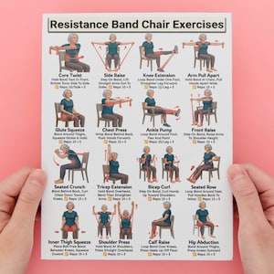 May include: A white instructional chart titled Resistance Band Chair Exercises featuring sixteen illustrations of a person performing various seated workouts with a red resistance band, including core twists, chest presses, and leg extensions.