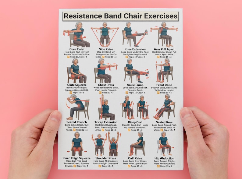 May include: A white instructional chart titled Resistance Band Chair Exercises featuring sixteen illustrations of a person performing various seated workouts with a red resistance band, including core twists, chest presses, and leg extensions.
