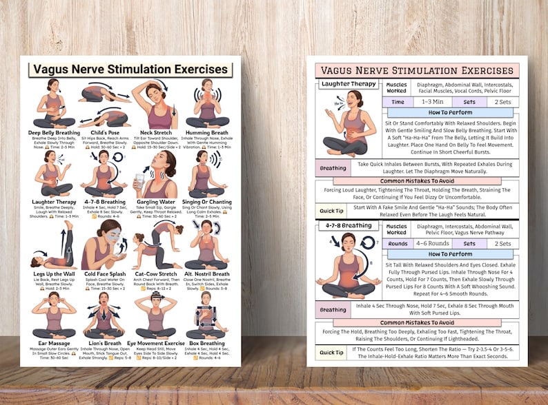 Puede incluir: Dos carteles con ilustraciones y texto que detallan los ejercicios de estimulaci&oacute;n del nervio vago. El cartel de la izquierda muestra varios ejercicios como la respiraci&oacute;n abdominal y la terapia de la risa. El cartel de la derecha proporciona instrucciones y consejos.