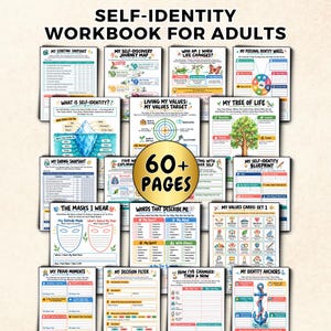 May include: A self-identity workbook for adults featuring over 60 pages of printable worksheets. The collection includes various activity sheets with titles like My Starting Snapshot, My Tree of Life, and The Masks I Wear, organized in a grid layout with colorful illustrations and text prompts.