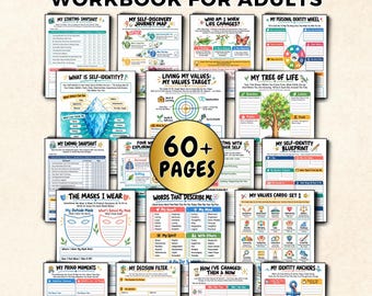 Self-Identity Workbook, Who Am I Discovery Journal Self Esteem Confidence Core Values & Beliefs, Teen Adult Mental Health Therapy Worksheets