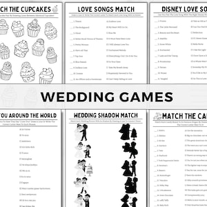 May include: A printable set of wedding games with black and white illustrations. The games include "Match the Cupcakes", "Love Songs Match", "Disney Love Songs", "I Love You Around the World", "Wedding Shadow Match", and "Match the Candy".