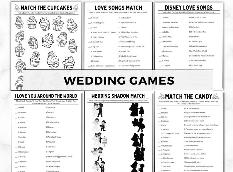 May include: A printable set of wedding games with black and white illustrations. The games include "Match the Cupcakes", "Love Songs Match", "Disney Love Songs", "I Love You Around the World", "Wedding Shadow Match", and "Match the Candy".