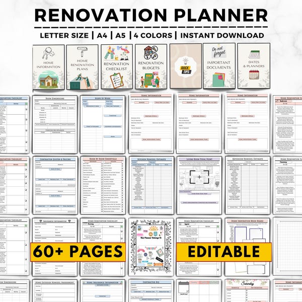 Home Renovation Planner, Home Improvement Planner For DIY Projects, Renovation Checklist, Renovation Budget, Interior Design, House Remodel