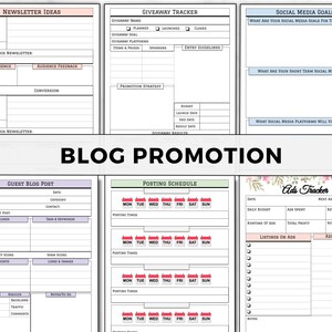 May include: A printable planner with a floral design and the title "Blog Promotion". The planner includes sections for newsletter ideas, giveaway tracker, social media goals, guest blog post, posting schedule, and ads tracker.