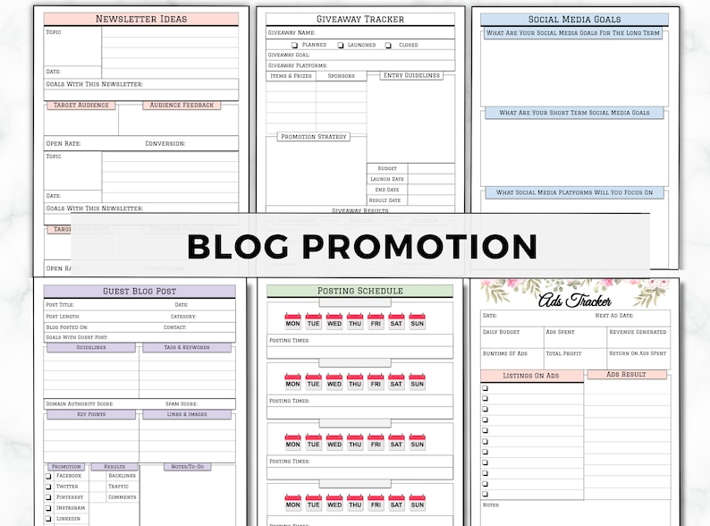 May include: A printable planner with a floral design and the title "Blog Promotion". The planner includes sections for newsletter ideas, giveaway tracker, social media goals, guest blog post, posting schedule, and ads tracker.