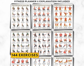 Senior Exercise Bundle Printable, 9 Workout Charts, 144 Gentle Exercises, Low Impact Moves For Elderly, Stretching Dumbbell Resistance Band