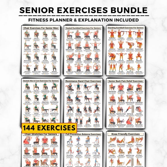 Senior Exercise Bundle Printable, 9 Workout Charts, 144 Gentle Exercises, Low Impact Moves For Elderly, Stretching Dumbbell Resistance Band